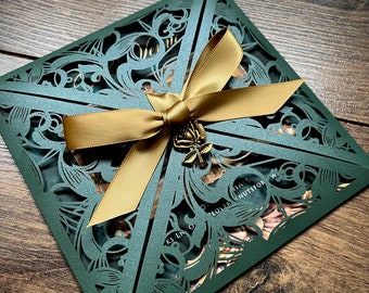 Emerald Green Gothic Wedding Invitation, Gold Rose, Shimmer Laser Cut