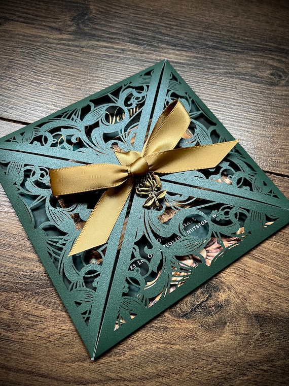 luxury emerald green laser-cut wedding invitation for destination wedding