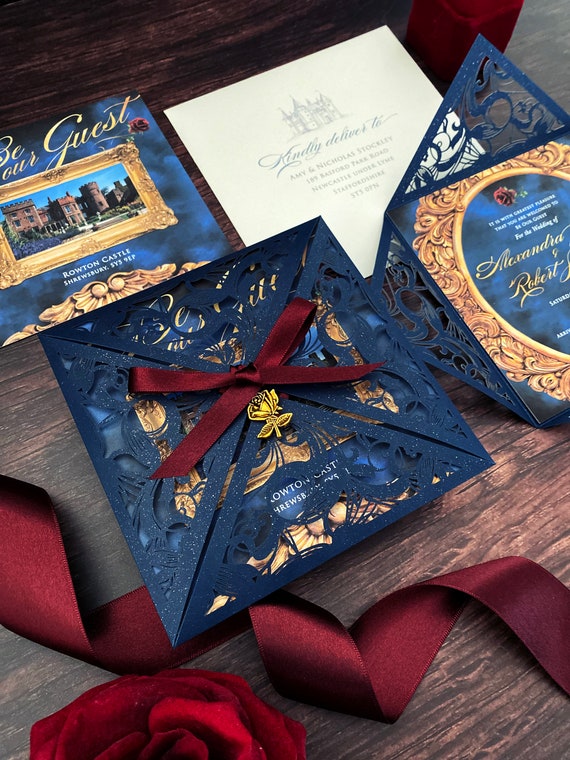 Beauty and the Beast Wedding Invitation Disney Wedding Invitation Dark Invite Navy and Burgundy Invitation Quinceanera Invitation