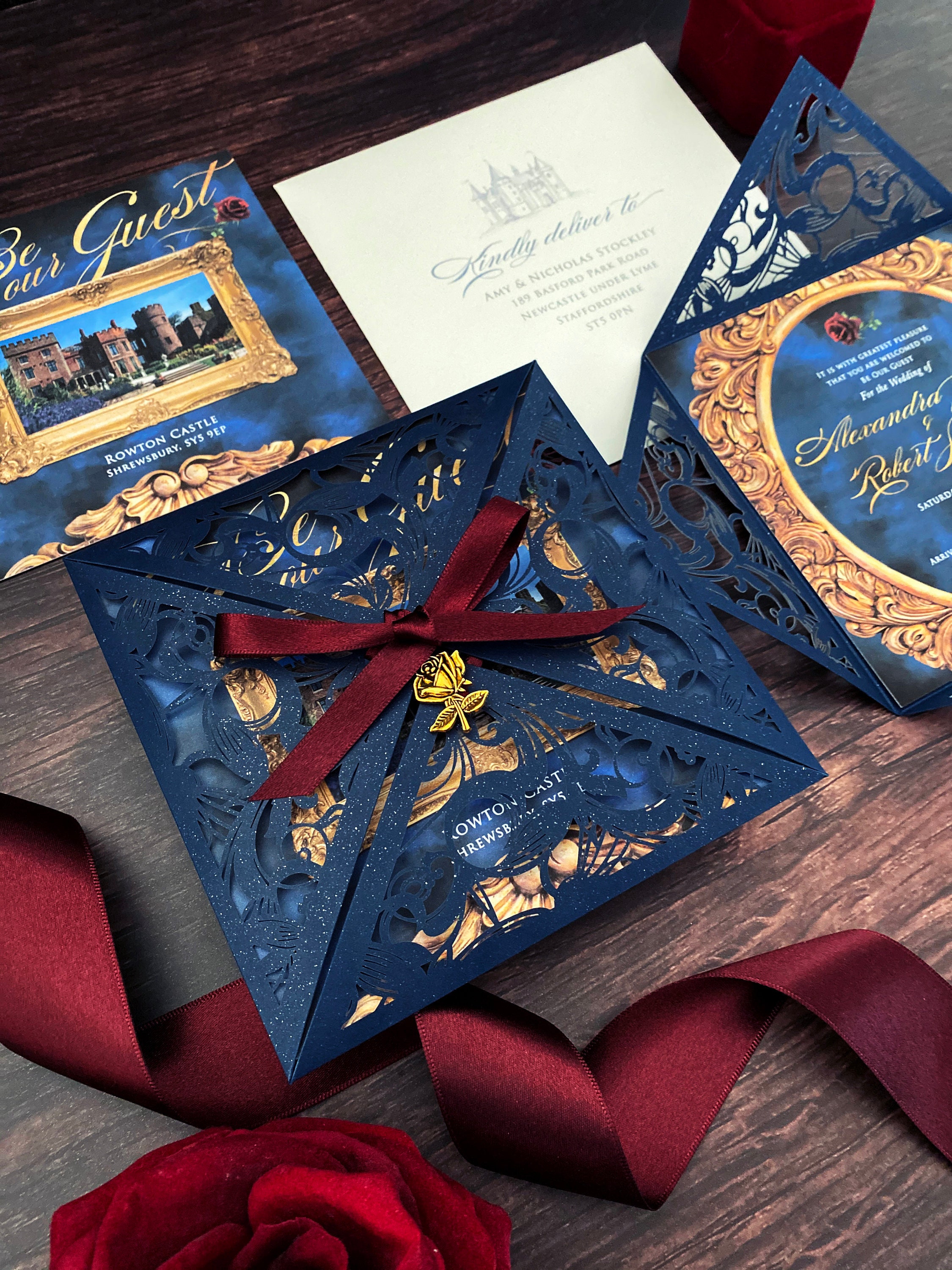 Beauty and the Beast Wedding Invitation, Fairytale Wedding Invitation, Navy Blue Invitation, Burgundy Wedding Invitation, Quinceanera Invite