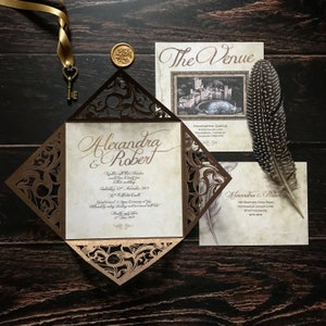 Gothic Hochzeitseinladung, Dunkle Hochzeitseinladung, GOT, Tolkien, Mittelerde, Schlosshochzeit, Alternative Hochzeitseinladung, Vintage Gold