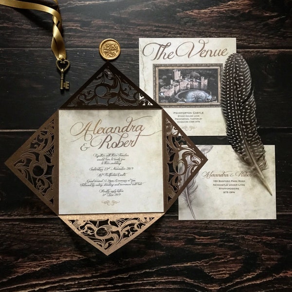 Dark Wedding Invitation, Bronze Wedding Invitation, Gothic Wedding Invitation, Alternative Wedding Invitation, Rustic Wedding Invitation