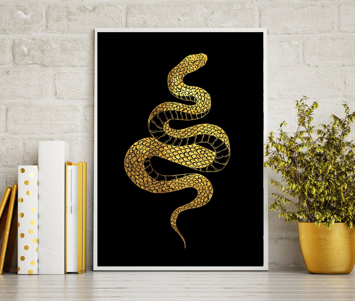 Snake Wall Art Black and Gold Print Gothic Tattoo Print Etsy