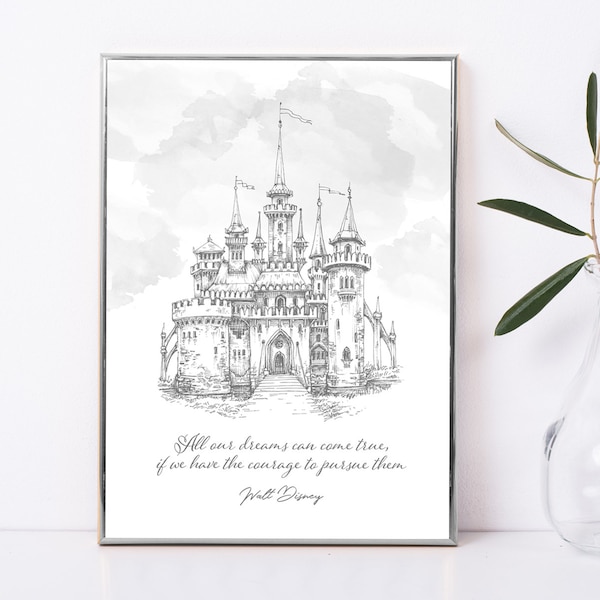 Disney Castle Print, Disney Card, Disney Theme, Watercolour Castle, Modern Wall Art, We Do Disney, Motivational Quote