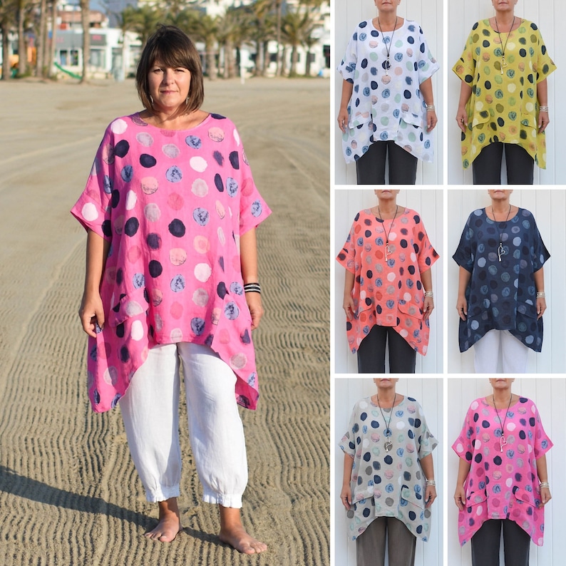 New Ladies Plus Size Cotton Summer Italian Lagenlook Polka Dot Top Dress Pockets
