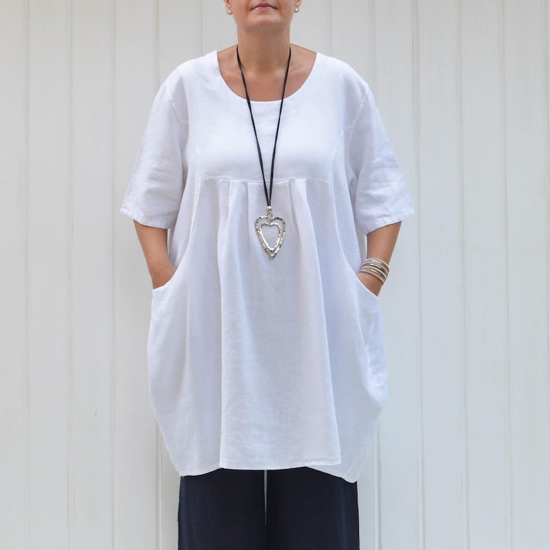 LAGENLOOK HEAVY LINEN OVERSIZED 2 POCKETS TUNIC SHIRT**WHITE**BUST UP TO 54/"