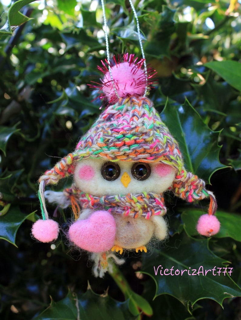 Needle Felted Owl Ornament Valentine Heart image 1