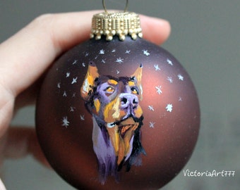 Hand painted Christmas Glass ornament Dog