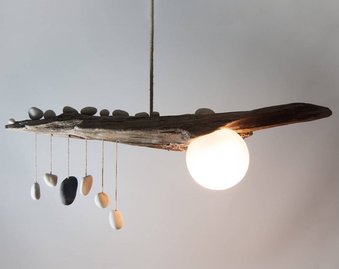 Driftwood Lamp With Quartz Pebble Pendants Globe Glass Shade Handmade