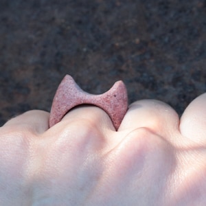 Pink Cat Ring Carved of Solid Stone - Handmade Statement Pebble Jewelry - Brutalist Rock Ring