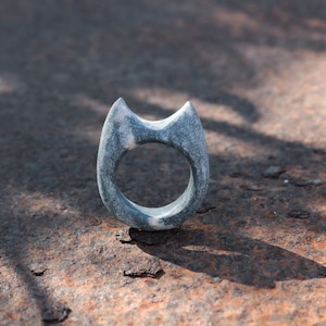 Cat Ring Carved of Solid Stone - Handmade Statement Pebble Jewelry - Brutalist Rock Ring