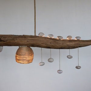 Driftwood Light with Quartz Pebble Pendants - Japandi Lighting - Handmade Rustic Ceiling Lamp - Wood Chandelier