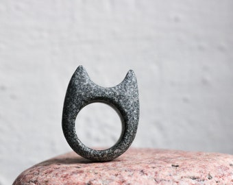 Black Cat Ring Carved of Solid Stone - Handmade Statement Pebble Jewelry - Brutalist Rock Ring