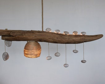 Driftwood Light with Quartz Pebble Pendants - Japandi Lighting - Handmade Rustic Ceiling Lamp - Wood Chandelier