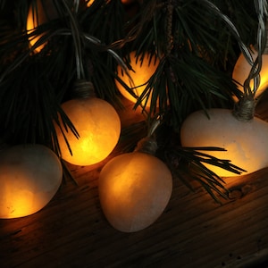 Puede incluir: Una cadena de luces blancas cálidas con forma de bombilla de vidrio esmerilado, que se asemejan a pequeñas piedras, envueltas alrededor de ramas de pino.