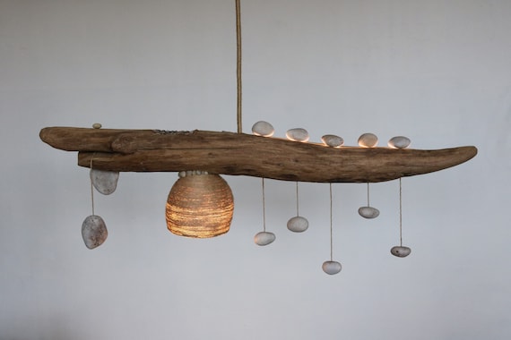 Driftwood Light with Quartz Pebble Pendants - Japandi Lighting - Handmade Rustic Ceiling Lamp - Wood Chandelier