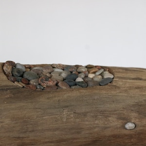 May include: A piece of driftwood with a carved out section filled with small, smooth stones of various colors.