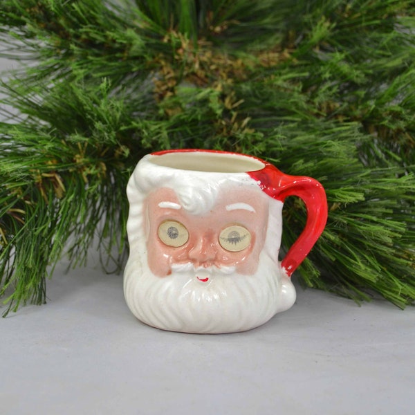 Vintage Santa Mug, Hand Painted Ceramic Santa Face Mug With Optical Illusion Blinking Eyes