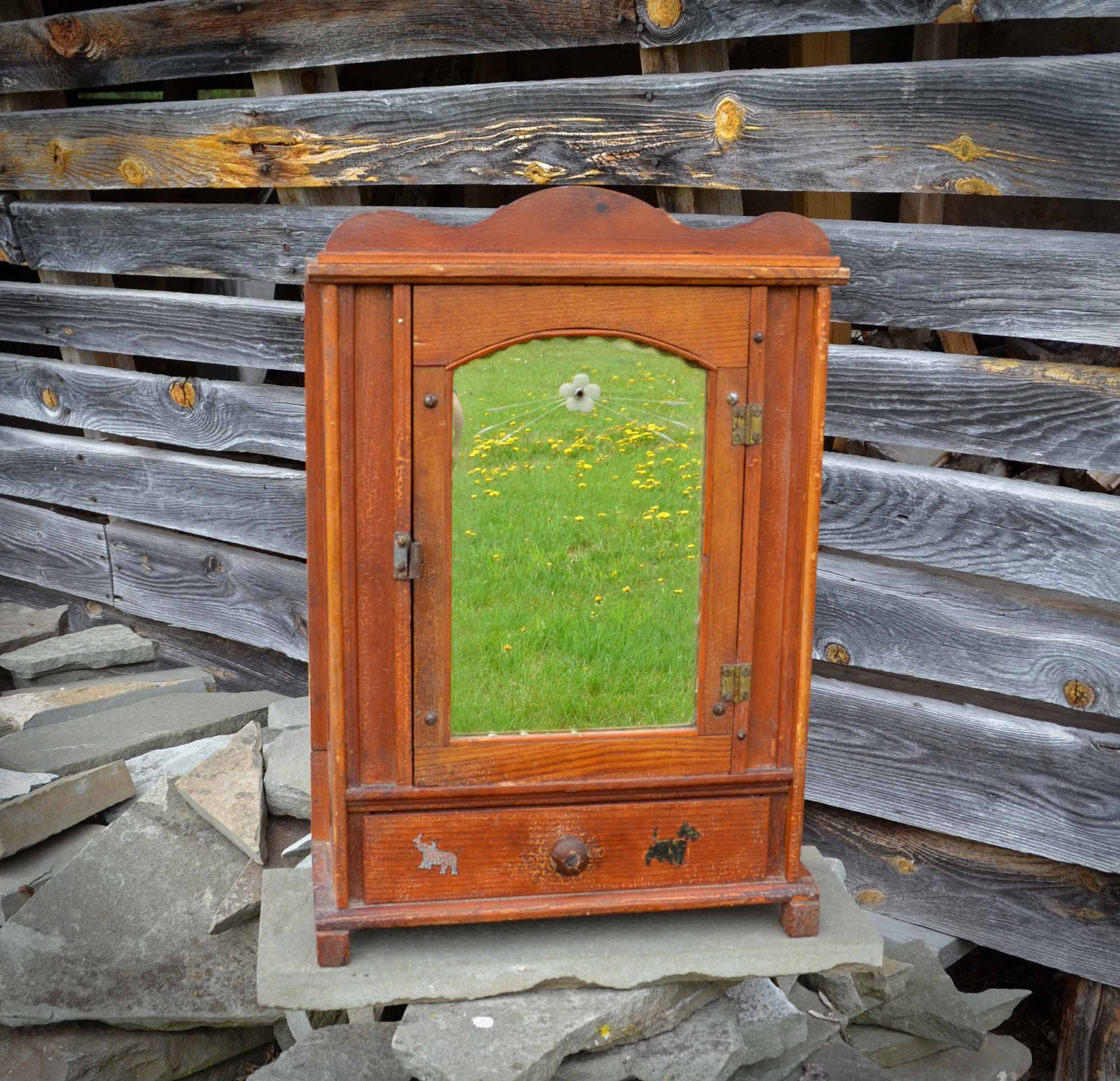 Antique Wooden Medicine With Etched Glass Front And Etsy