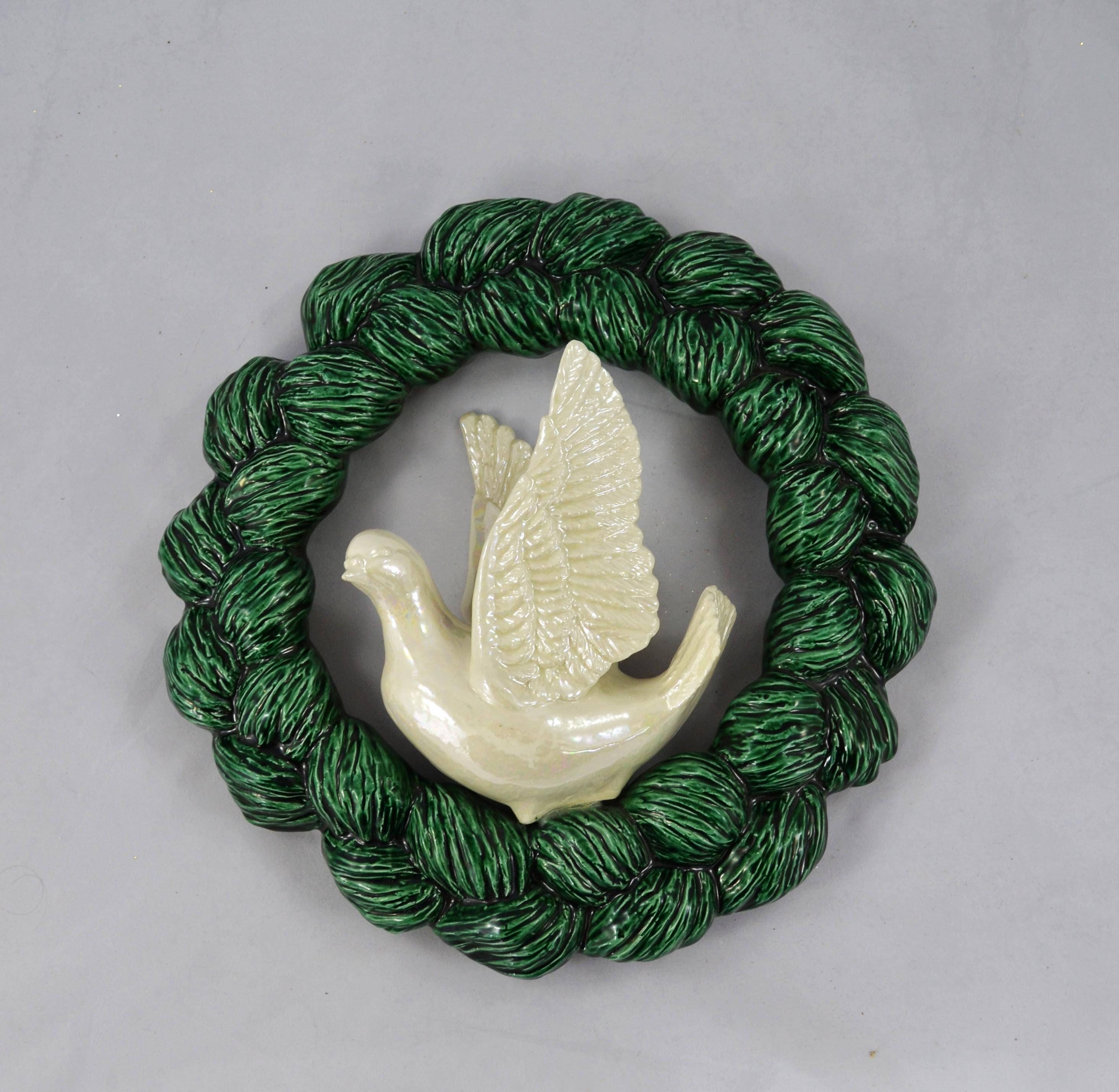 Vintage Ceramic Wreath And Dove Wall Hanging Green Ceramic Etsy