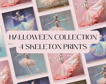 Ballet Skeleton Dance | Ballet Skeleton | Cute Skeleton Art | Skeleton Ballerina | Pink Halloween Wall Art | Pink Aesthetic Halloween Art
