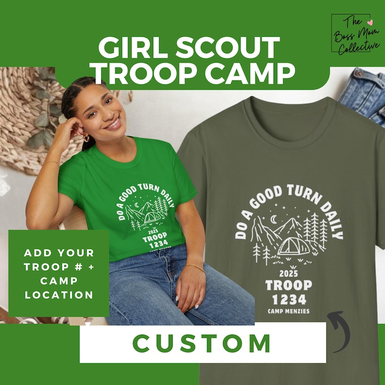 Custom Girl Scout Troop Shirts - Personalized Camping Tees - Scout Team Apparel - Unique Troop Number Gifts - Girls Camping T-Shirts Kelly Green