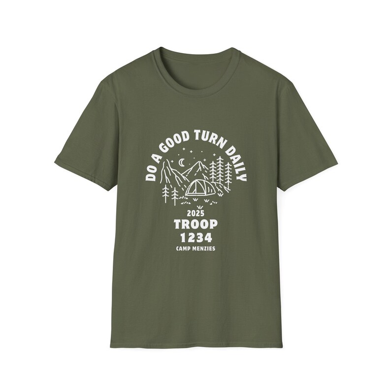 Custom Girl Scout Troop Shirts - Personalized Camping Tees - Scout Team Apparel - Unique Troop Number Gifts - Girls Camping T-Shirts Military Green