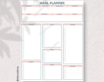 Daily Weekly Meal Planner Meal Planning Printable List Grocery list pdf checklist, print at home task checklist
