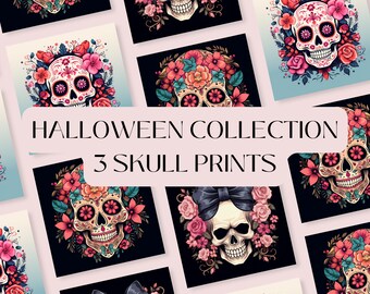 3 Calaveras de Halloween para imprimir en la pared / Decoración de Halloween / Día de los Muertos / Arte de pared de Halloween de moda / Arte de pared imprimible de esqueleto