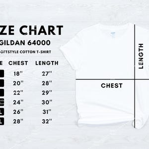 May include: Size chart for Gildan 64000 Softstyle Cotton T-Shirt. The chart shows sizes S through 3XL with corresponding chest and length measurements in inches.