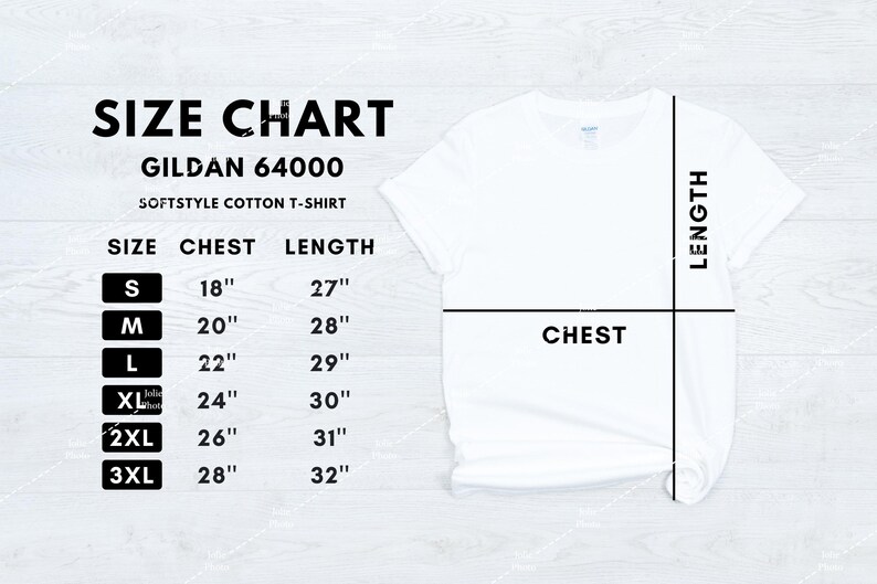 May include: Size chart for Gildan 64000 Softstyle Cotton T-Shirt. The chart shows sizes S through 3XL with corresponding chest and length measurements in inches.