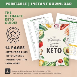 May include: A printable guide to the keto diet with a green, red, and yellow avocado, tomato, and pepper illustration. The guide includes 14 pages of keto food lists, macros, dining out tips, and more. The text on the cover reads "The Ultimate Guide to Eating Keto".