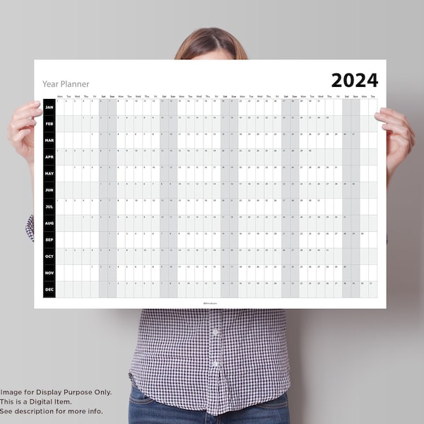 2024 Year Planner | Wall planner | Large Wall calendar | calendar printable | Year calendar | Simple Black & White | Instant Download File