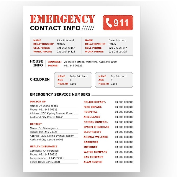 Emergency Info - Editable PDF template