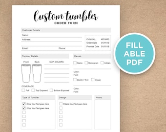 Custom Tumbler Order Form - Fillable | Editable PDF template | Instant download