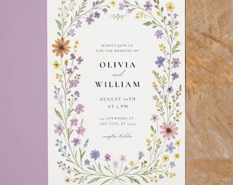 Editable Wedding Invitation Set Template | Wildflower Floral Theme | Canva | Printable Wedding Invitation, Details Card, Menu, Welcome Sign