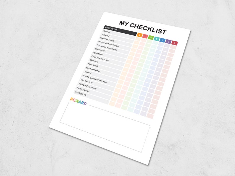 Puede incluir: Una lista de verificaci&oacute;n imprimible con un esquema de colores arco&iacute;ris. La lista de verificaci&oacute;n incluye tareas diarias como despertarse, hacer la cama, cepillarse los dientes y ponerse la pijama. La lista de verificaci&oacute;n est&aacute; dise&ntilde;ada para usarse durante una semana, con una columna para cada d&iacute;a de la semana.