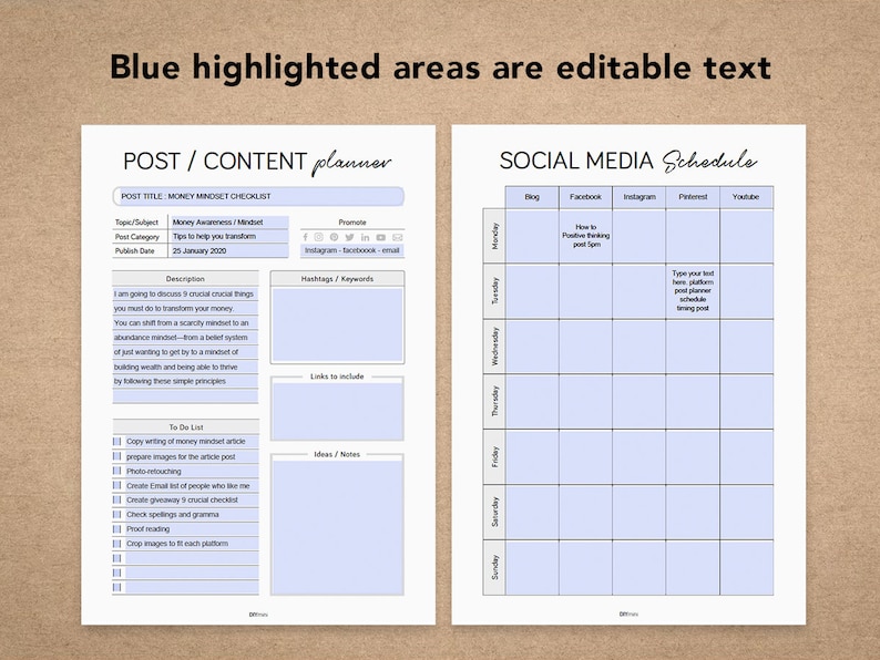 May include: A printable planner with blue highlighted areas for editable text. The planner is divided into two sections: "Post/Content Planner" and "Social Media Schedule". The "Post/Content Planner" section includes a checklist for creating content, including a to-do list. The "Social Media Schedule" section includes a grid for scheduling posts across different platforms, including Facebook, Instagram, Pinterest, and YouTube.