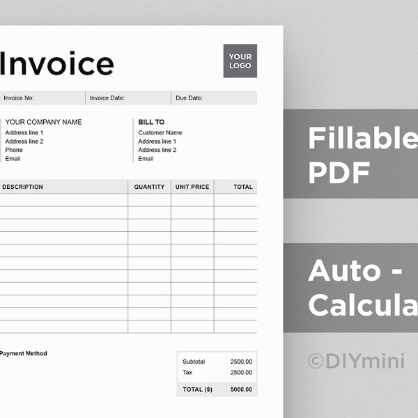 Modello di fattura / Modificabile / Modello PDF compilabile / Calcolo automatico / Formato A4 e Lettera USA / Download istantaneo / Stampabile