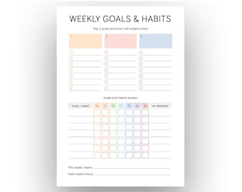 May include: A printable weekly goals and habits tracker with sections for top 3 goals, a goals and habits tracker, and space to write what you learned and next week's focus.