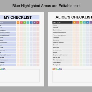 Puede incluir: Una lista de verificaci&oacute;n imprimible con un esquema de colores arco&iacute;ris. La lista de verificaci&oacute;n se divide en dos secciones: "Mi lista de verificaci&oacute;n" y "La lista de verificaci&oacute;n de Alice". Cada secci&oacute;n tiene una lista de tareas diarias con una cuadr&iacute;cula para marcar cada d&iacute;a de la semana. La lista de verificaci&oacute;n incluye tareas como "Despertarse", "Hacer la cama", "Poner la ropa sucia en la cesta", "Vestirse", "Terminar la tarea", "Leer un libro", "Almuerzo limpio", "Aspirar", "Todo listo para ma&ntilde;ana", "Abrazar a tu mam&aacute;", "Tomar un ba&ntilde;o o una ducha", "Ponerse el pijama" y "Apagar las luces".