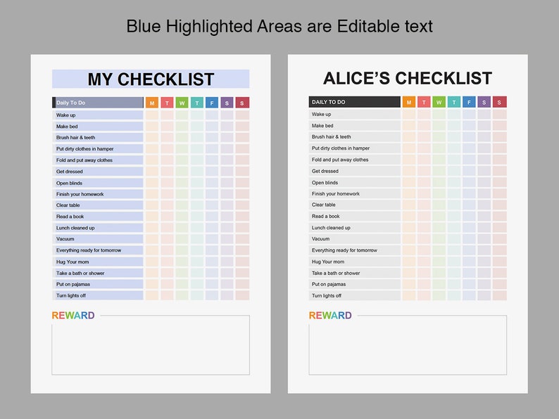 Puede incluir: Una lista de verificaci&oacute;n imprimible con un esquema de colores arco&iacute;ris. La lista de verificaci&oacute;n se divide en dos secciones: "Mi lista de verificaci&oacute;n" y "La lista de verificaci&oacute;n de Alice". Cada secci&oacute;n tiene una lista de tareas diarias con una cuadr&iacute;cula para marcar cada d&iacute;a de la semana. La lista de verificaci&oacute;n incluye tareas como "Despertarse", "Hacer la cama", "Poner la ropa sucia en la cesta", "Vestirse", "Terminar la tarea", "Leer un libro", "Almuerzo limpio", "Aspirar", "Todo listo para ma&ntilde;ana", "Abrazar a tu mam&aacute;", "Tomar un ba&ntilde;o o una ducha", "Ponerse el pijama" y "Apagar las luces".