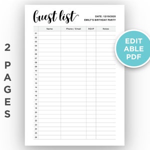 Editable Guest List Planner | Guest List Tracker | RSVP tracker  | Party Christmas contact | Printable Planner | Instant download