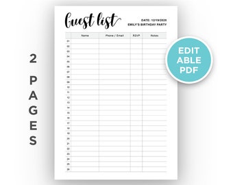 Editable Guest List Planner | Guest List Tracker | RSVP tracker  | Party Christmas contact | Printable Planner | Instant download