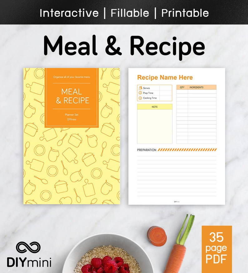 Meal & Recipe Planner Interactive Fillable PDF Printable Etsy