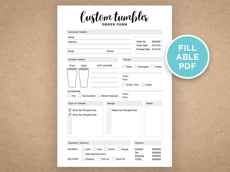 custom tumbler order form fillable editable pdf template