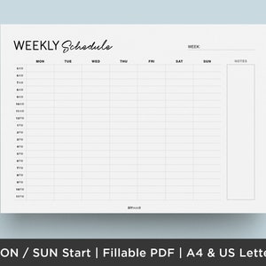 Hourly Weekly Schedule Landscape, Weekly Planner Printable, Week At a Glance, Desk Planner, Weekly To Do List, A4 | Letter | Fillable