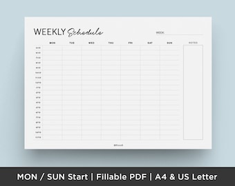 Hourly Weekly Schedule Landscape, Weekly Planner Printable, Week At a Glance, Desk Planner, Weekly To Do List, A4 | Letter | Fillable