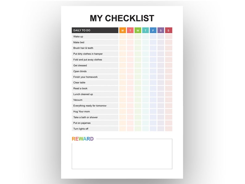 Puede incluir: Una lista de verificaci&oacute;n imprimible con un esquema de colores arco&iacute;ris. La lista de verificaci&oacute;n se titula "MY CHECKLIST" e incluye tareas diarias como "Despertarse", "Hacer la cama", "Cepillarse el pelo y los dientes", "Poner la ropa sucia en la cesta", "Doblar y guardar la ropa", "Vestirse", "Abrir las persianas", "Terminar la tarea", "Limpiar la mesa", "Leer un libro", "Limpiar el almuerzo", "Aspirar", "Preparar todo para ma&ntilde;ana", "Abrazar a mam&aacute;", "Tomar un ba&ntilde;o o una ducha", "Ponerse el pijama", "Apagar las luces". Hay un espacio en la parte inferior para una "RECOMPENSA".
