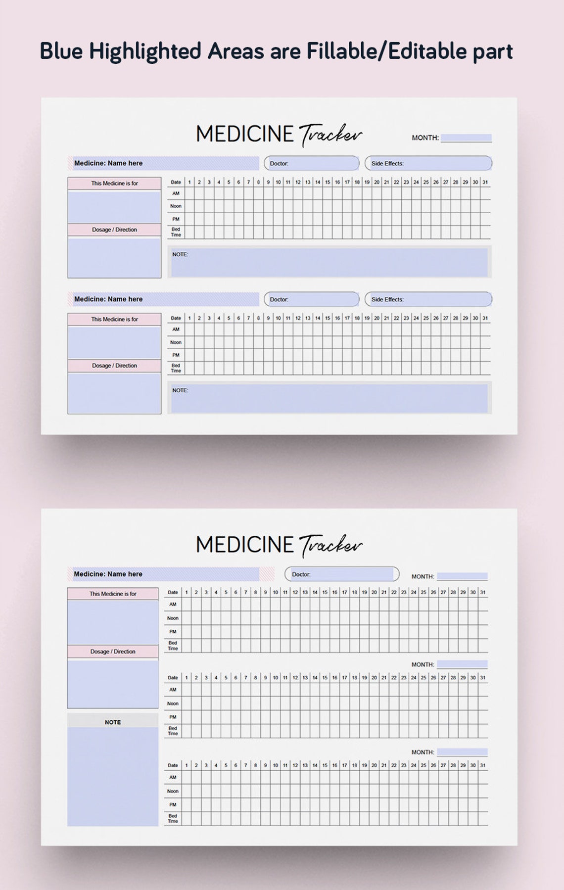 Monthly Medicine Tracker Editable PDF Instant Download | Etsy